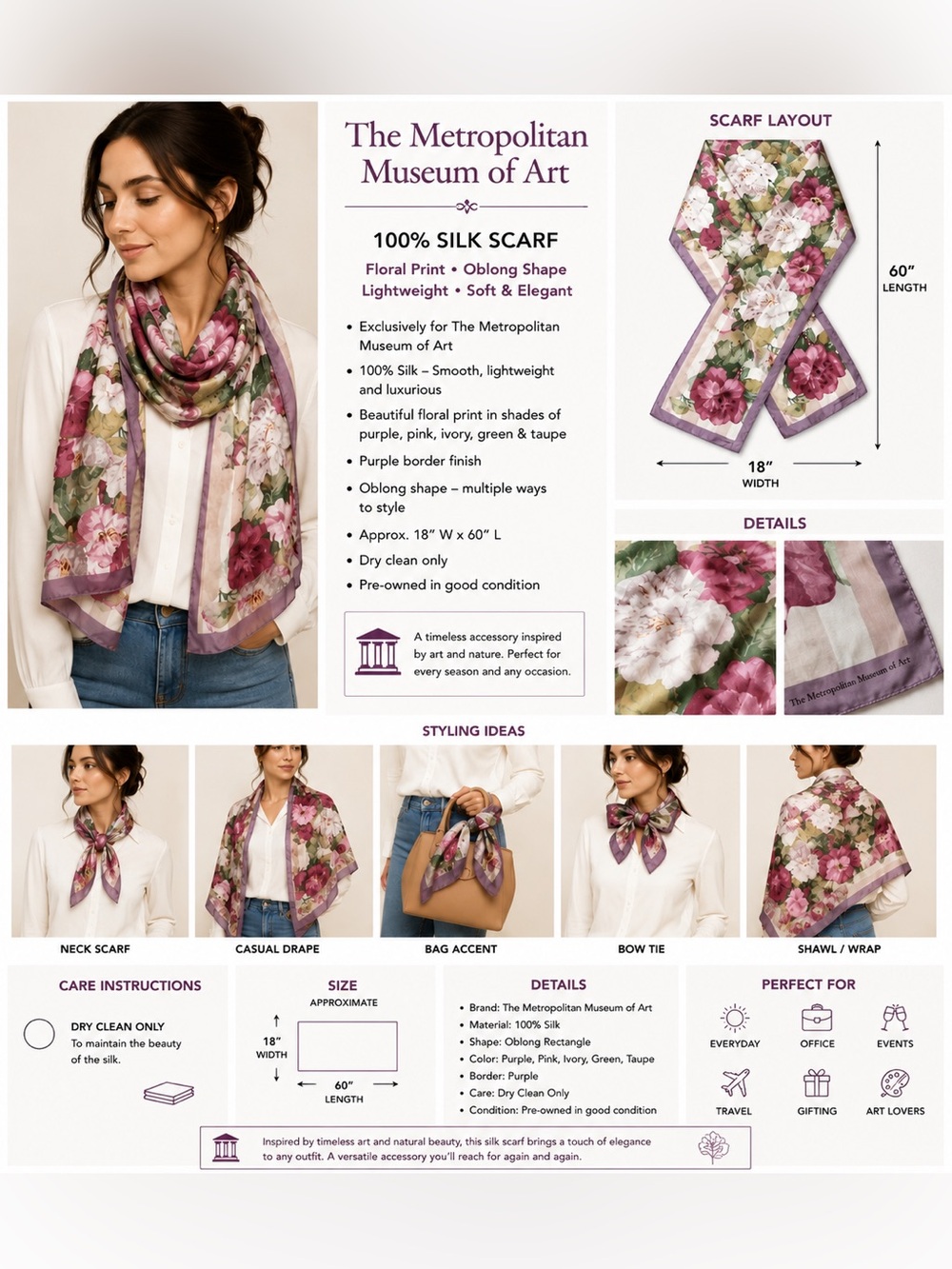 The Metropolitan Museum of Art 100% Silk Floral Oblong Scarf Purple Pink 18x60